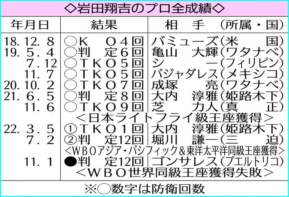 岩田翔吉のプロ全成績