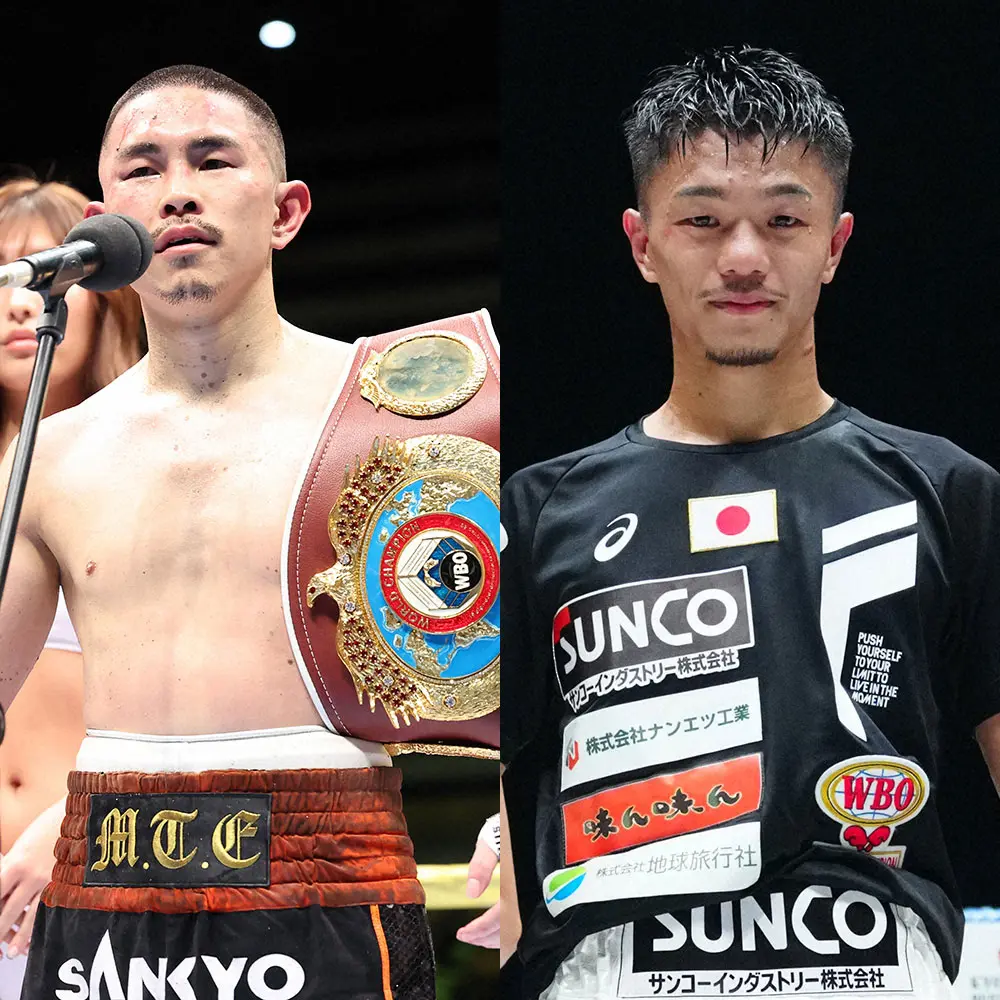 WBOスーパーフライ級王者の井岡一翔と中谷潤人（右）