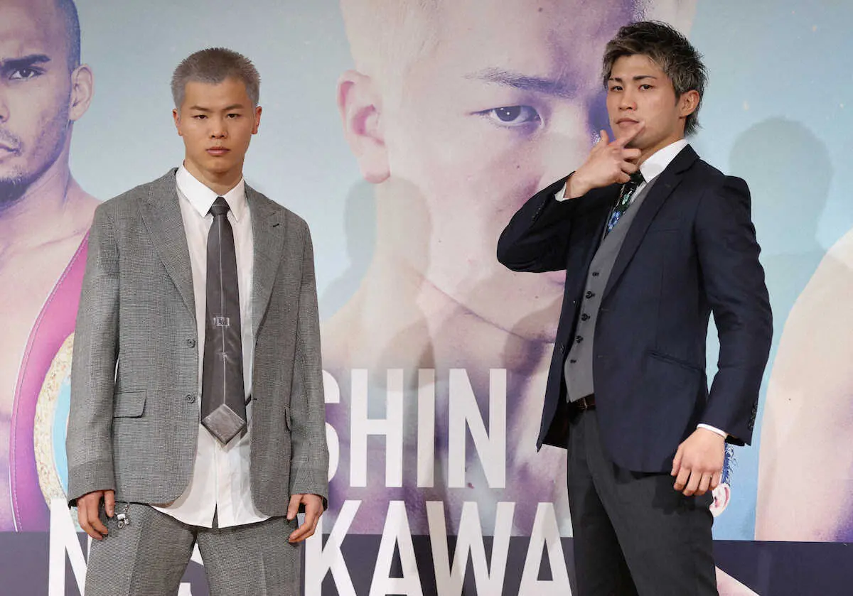 ＜LIVE　BOXING　4会見＞那須川天心（左）と対戦相手の与那覇勇気（撮影・篠原岳夫）