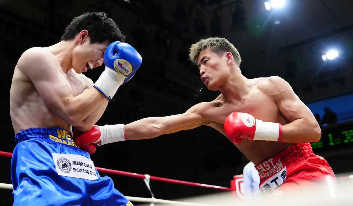 ＜全日本新人王決定戦＞ライト級決勝、2回、児島（右）に右ボディーを見舞う西畑（撮影・島崎忠彦）