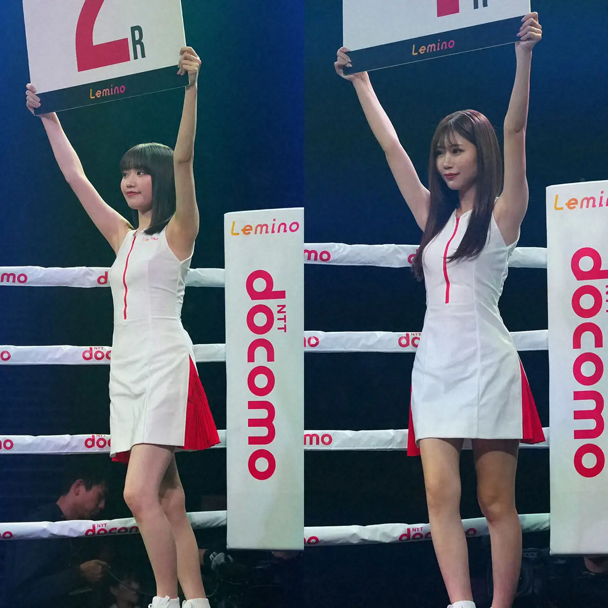 勝利の女神となったラウンドガールの仲俣由菜（左）と日南まみ