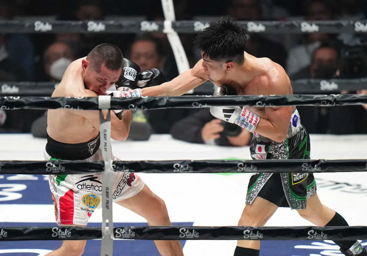 ＜トリプル世界戦　田中恒成・クリスチャン・バカセグア＞8回、バカセグア（左）に強烈な右を打ち込む田中（撮影・沢田　明徳）