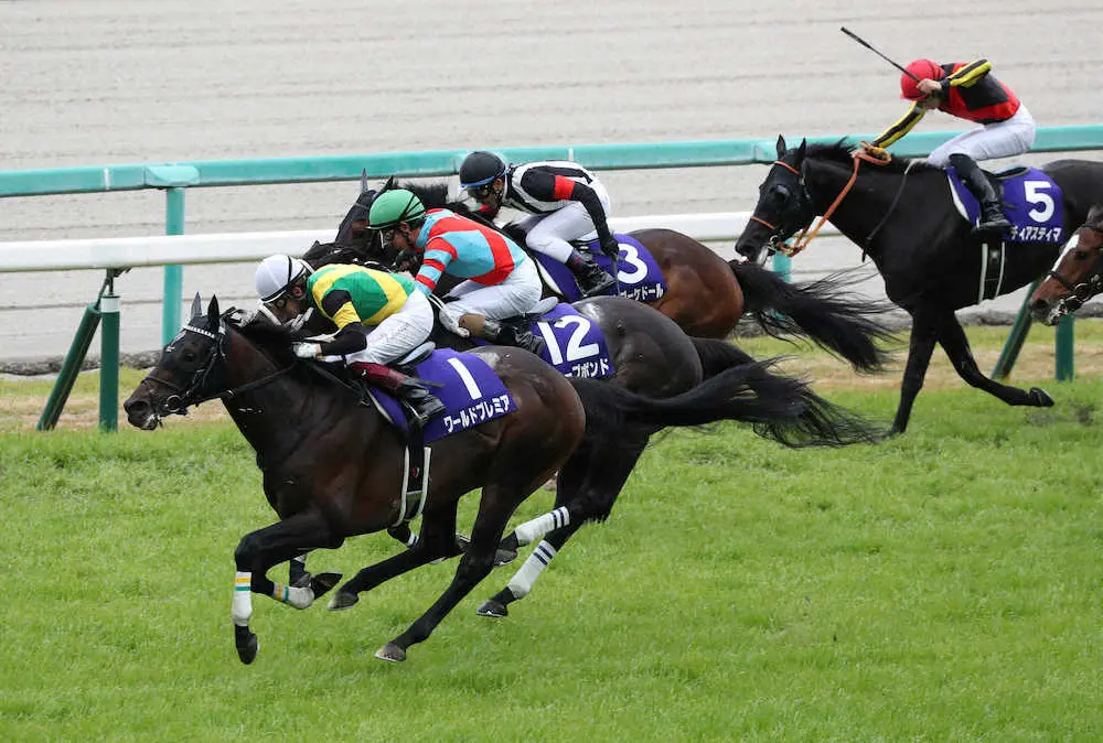 ＜天皇賞・春＞直線でディープボンド（12）、カレンブーケドール（3）と競り合い抜け出すワールドプレミア（1）（撮影・奥　調）
