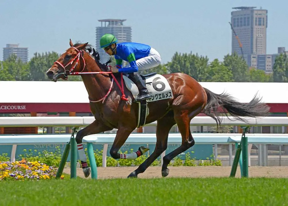 4コーナーから直線で加速して逃げて勝った（6）キングエルメス坂井瑠星騎手　　　（撮影・千葉　茂）