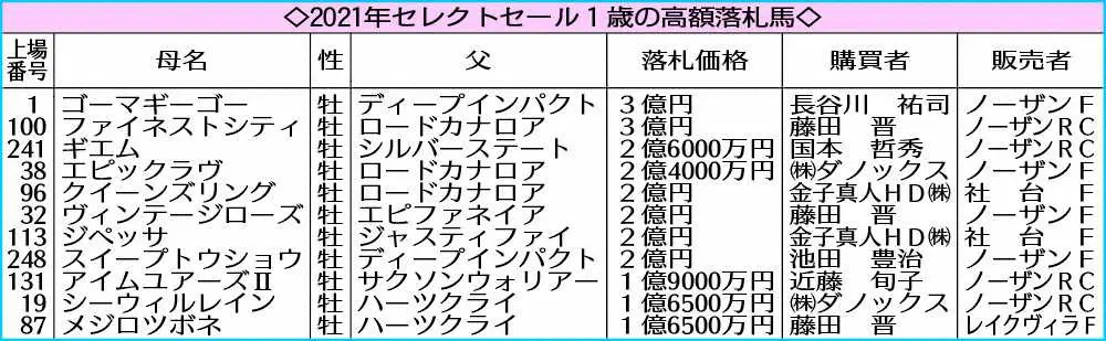 2021年セレクトセール1歳の高額落札馬