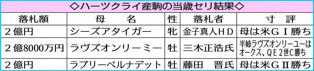 ハーツクライ産駒の当歳セリ結果