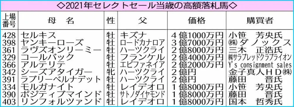 2021年セレクトセール当歳の高額落札馬