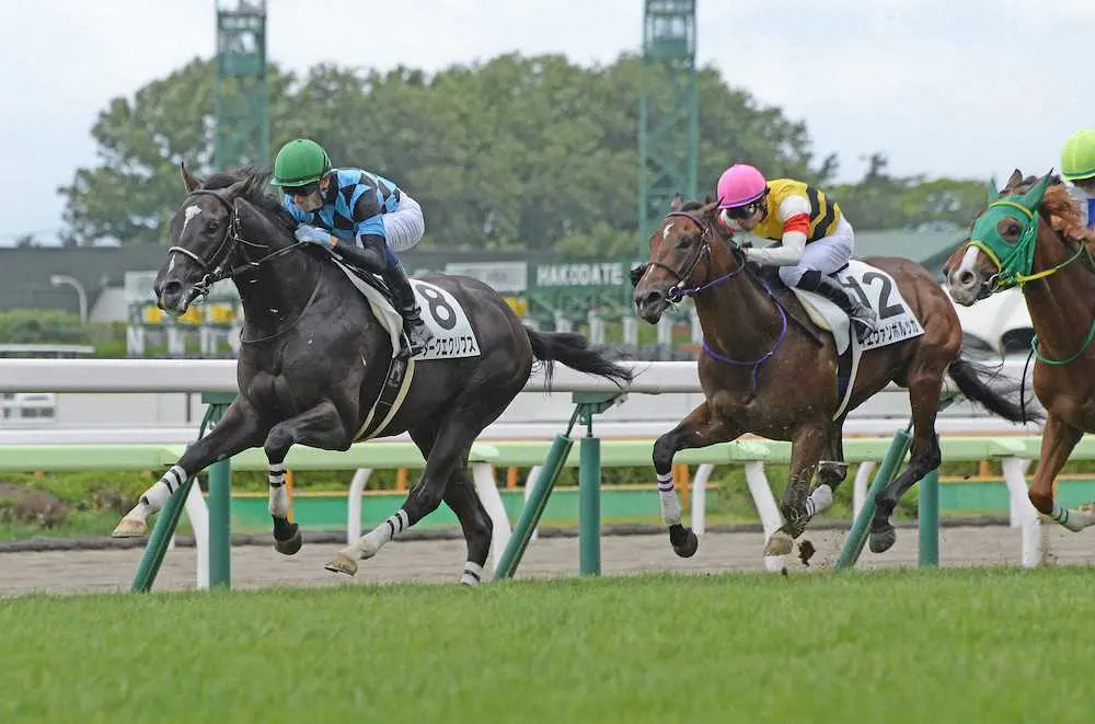 ＜函館5R新馬戦＞直線一気に抜け出して勝ったダークエクリプス＝左（撮影・千葉　茂）