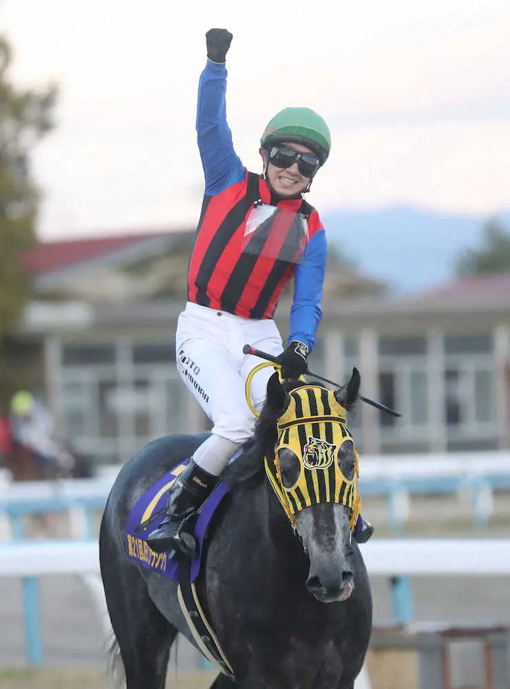 地方馬初となるJBCクラシックを制し、ガッツポーズするミューチャリーに騎乗の吉原（撮影・椎名　航）