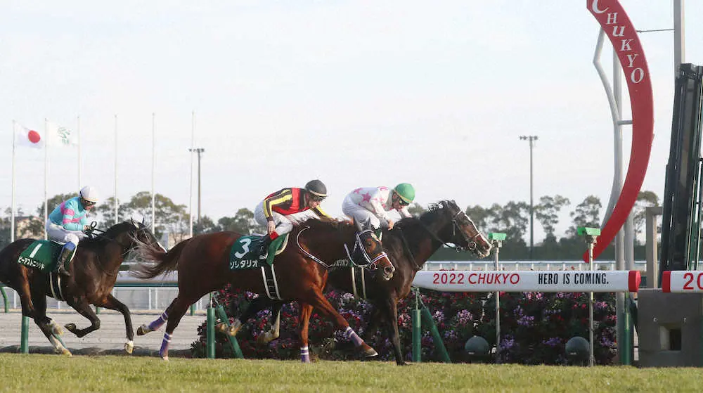 ＜中京11R・シンザン記念＞ソリタリオ（中央）との接戦を制し、重賞初勝利を飾ったマテンロウオリオン＝右（撮影・椎名　航）