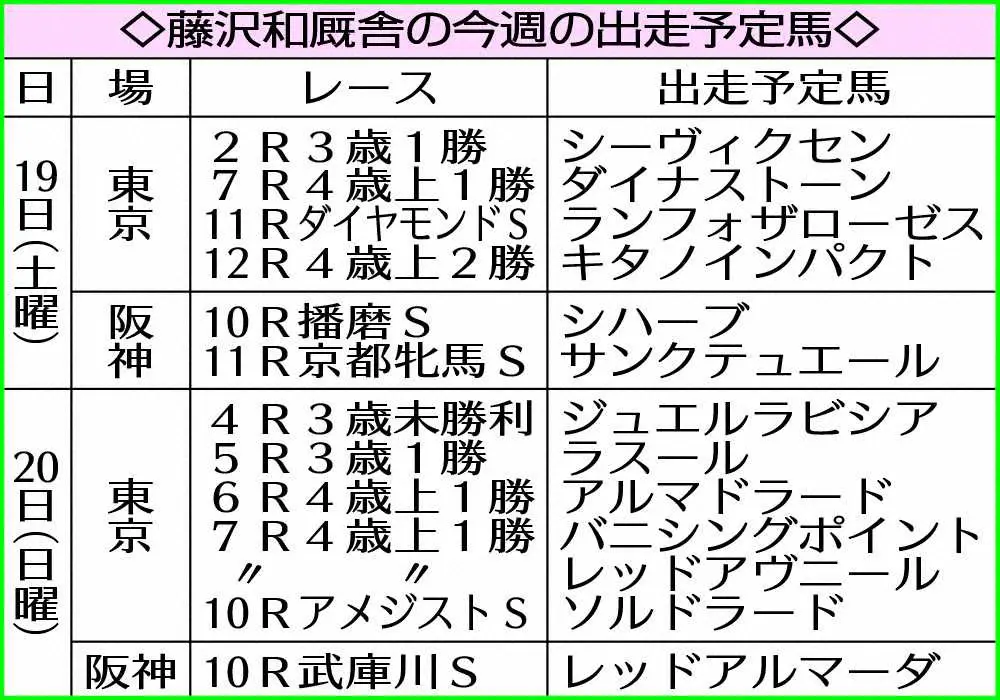 ◇藤沢和厩舎の今週の出走予定馬◇
