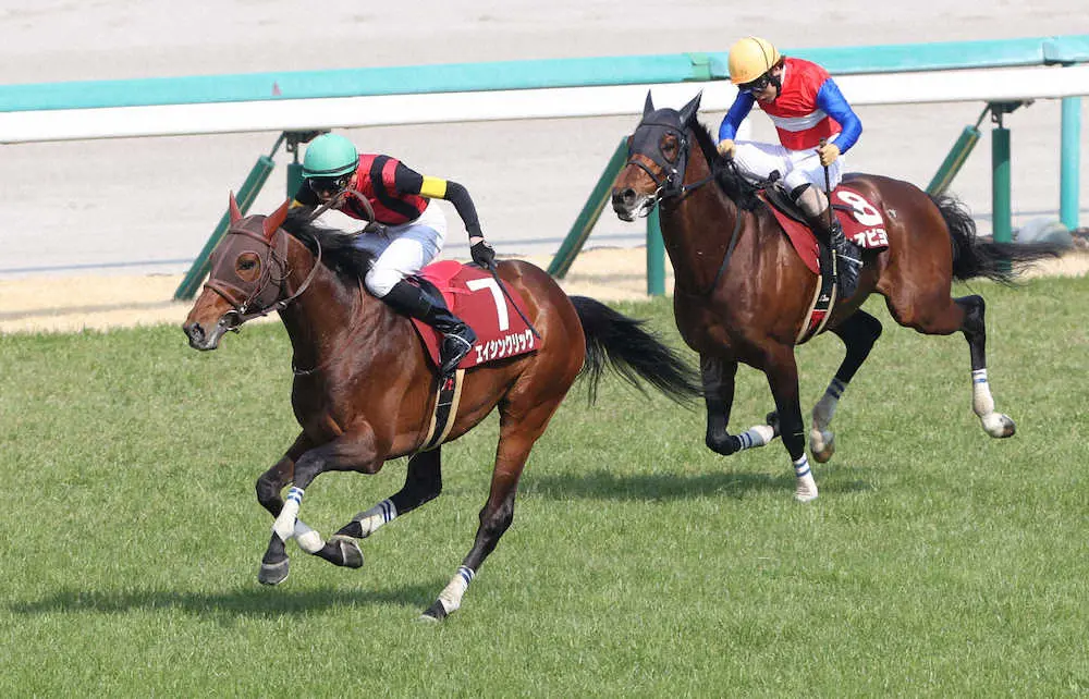 ＜阪神8R・阪神スプリングJ＞　最終障害を飛越し後続を振り切るエイシンクリック（左）　（撮影・亀井　直樹）