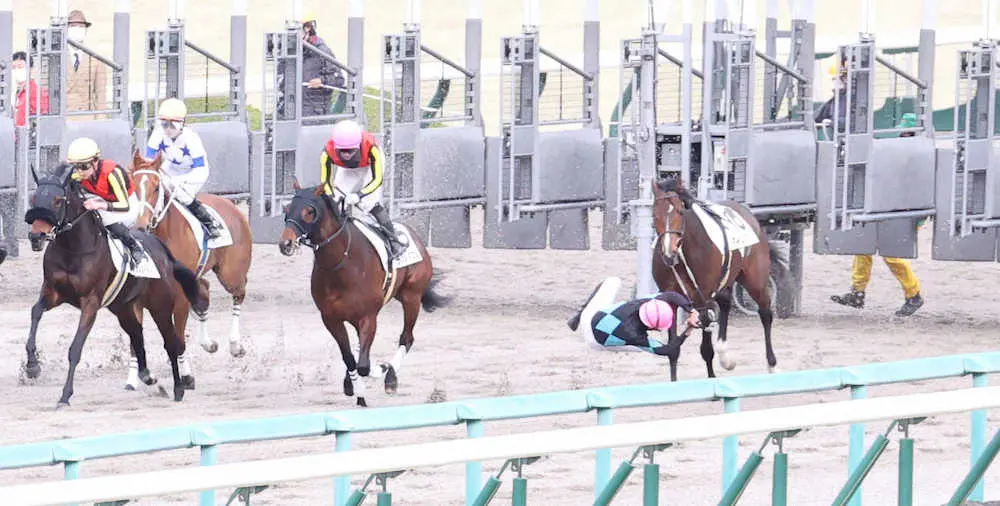 ＜阪神12R＞スタート直後に落馬するタイスケフェイス騎乗の今村＝右端（撮影・亀井　直樹）
