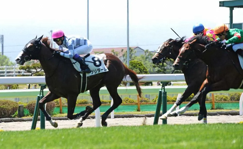 ＜函館5R新馬戦＞直線で一気に抜け出して快勝した武豊騎乗のクリダーム＝左（撮影・千葉茂）