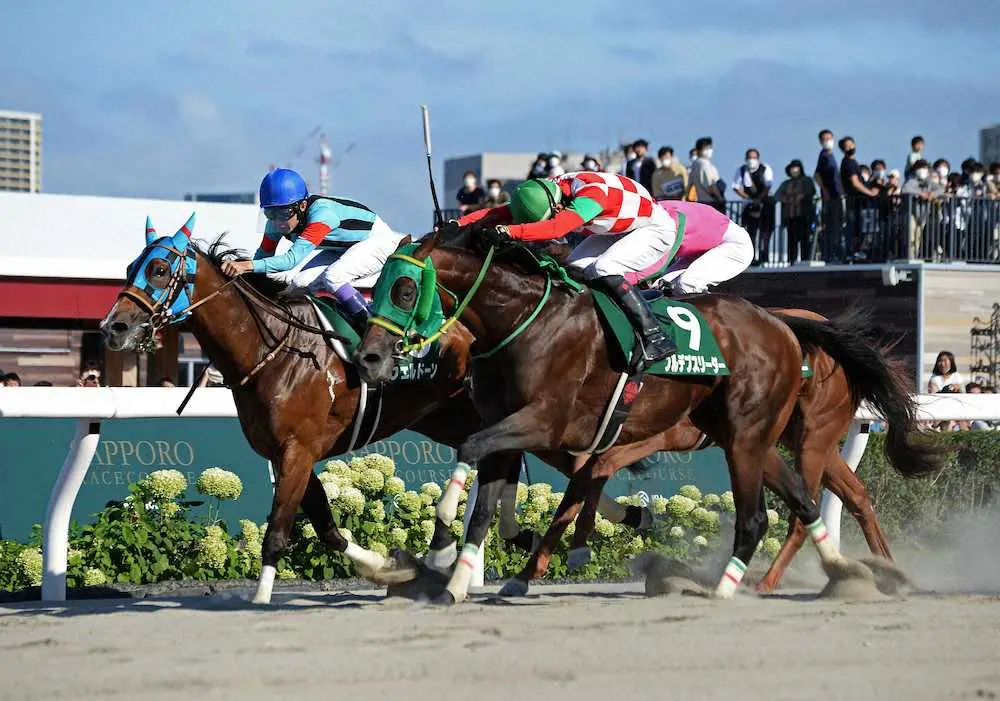 ＜エルムS＞優勝したフルデプスリーダー（9）と2着だったウェルドーン（左）（撮影・千葉茂）