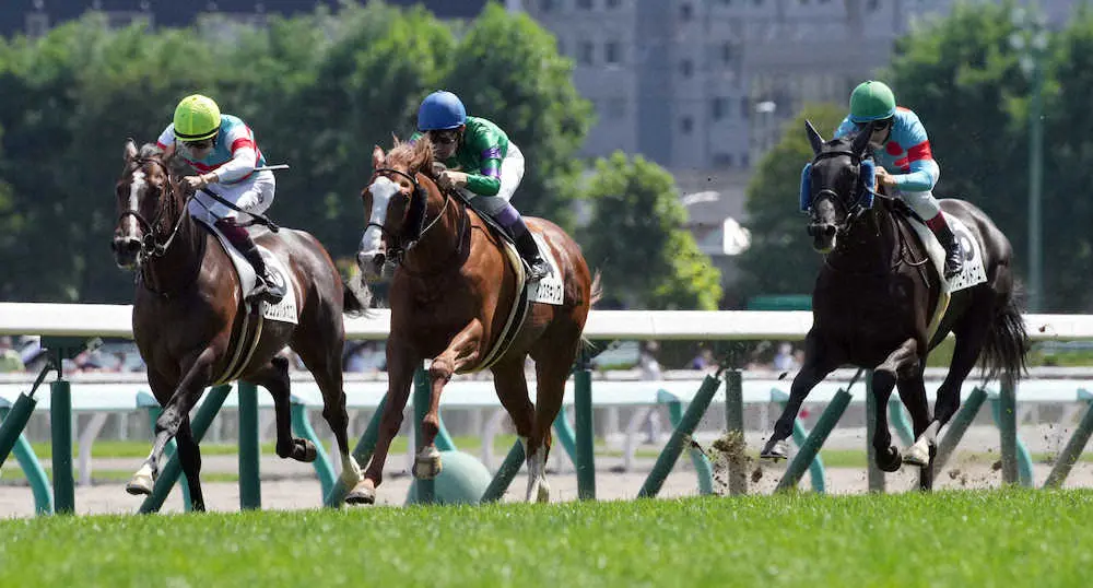 ＜札幌5R・新馬戦＞しぶとく伸びて初陣を飾ったインスタキング＝中央（撮影・高橋茂夫）