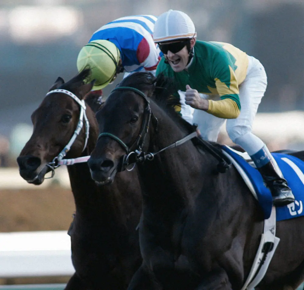 04年有馬記念でタップダンスシチー（左）を半馬身差おさえて制したゼンノロブロイ