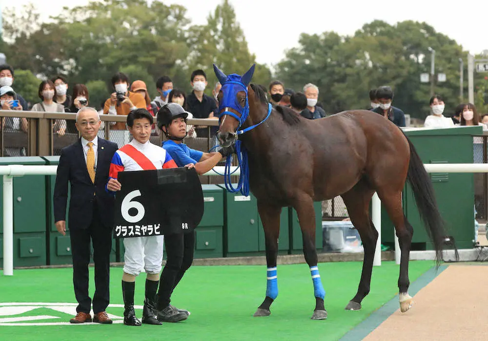 ＜東京9R＞三鷹特別を制したグラスミヤラビと（左から）大江原師、柴田善（撮影・西川祐介）