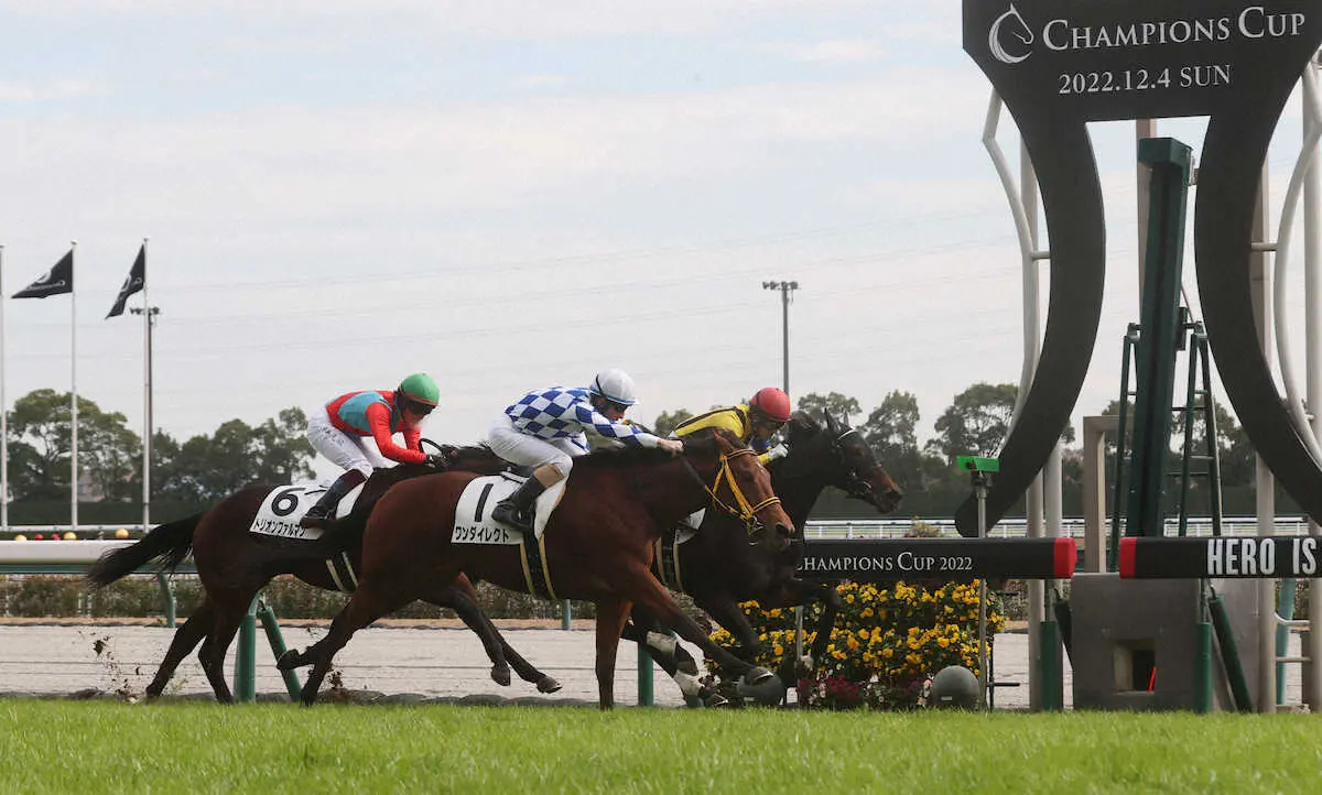 ＜中京5R＞ゴール前の接戦を制し、新馬戦に勝利したルメール騎乗のワンダイレクト（手前）（撮影・椎名　航）