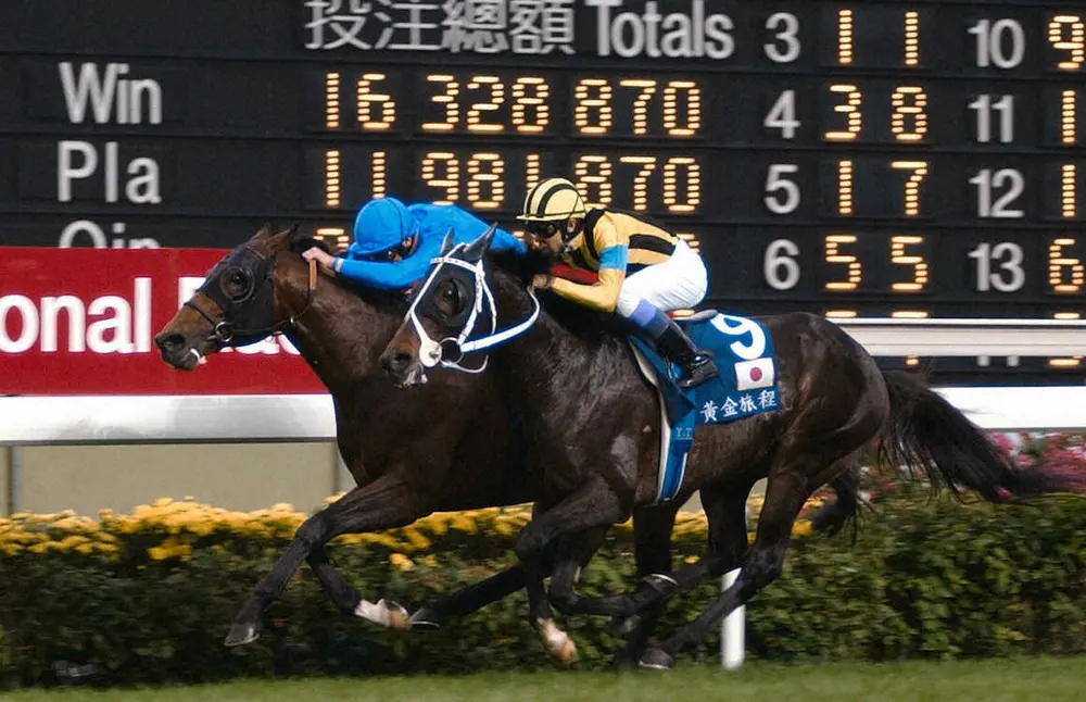 01年香港ヴァーズで武豊騎乗のステイゴールド（右）がデットーリ騎乗のエクラールを差し切った