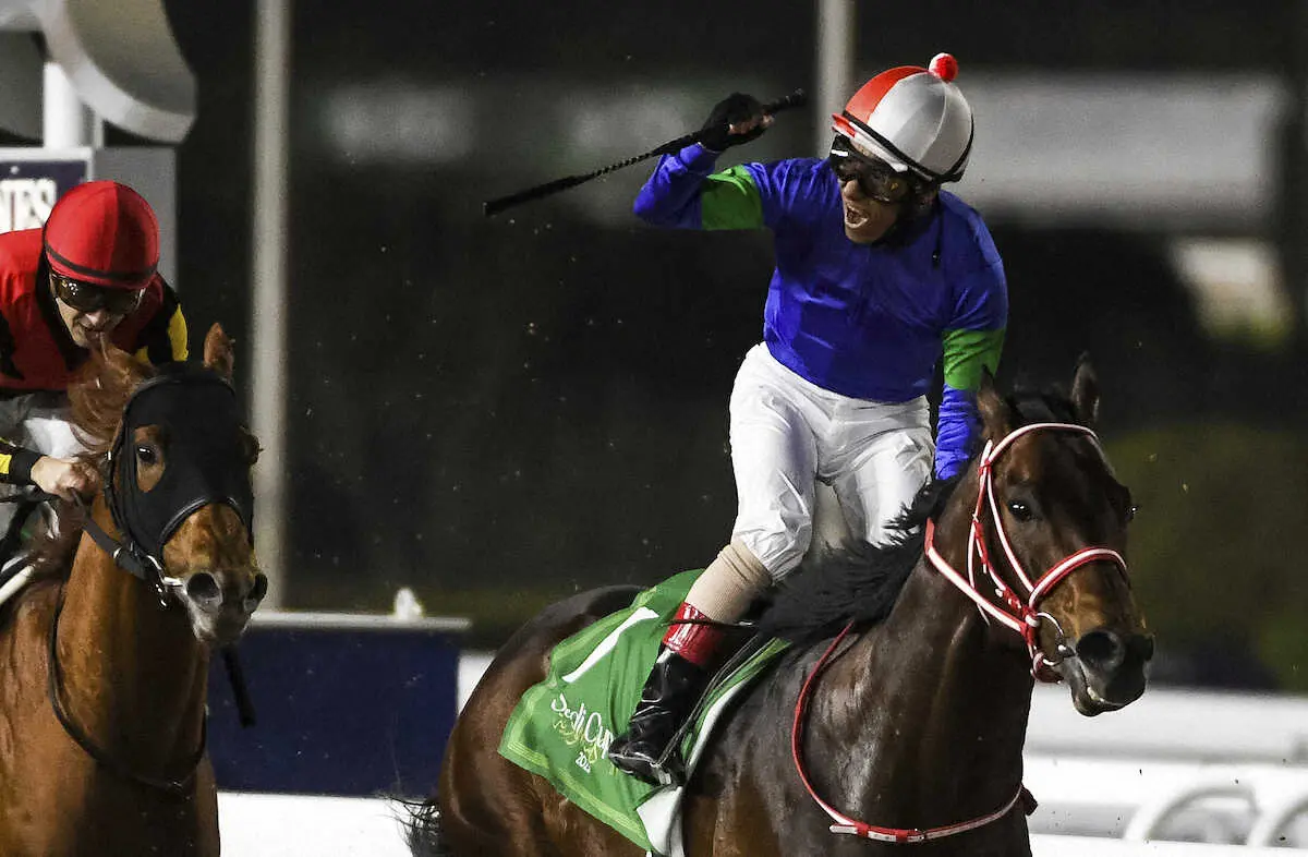 サウジカップを制したパンサラッサ。鞍上の吉田豊はガッツポーズで雄たけび（AP）
