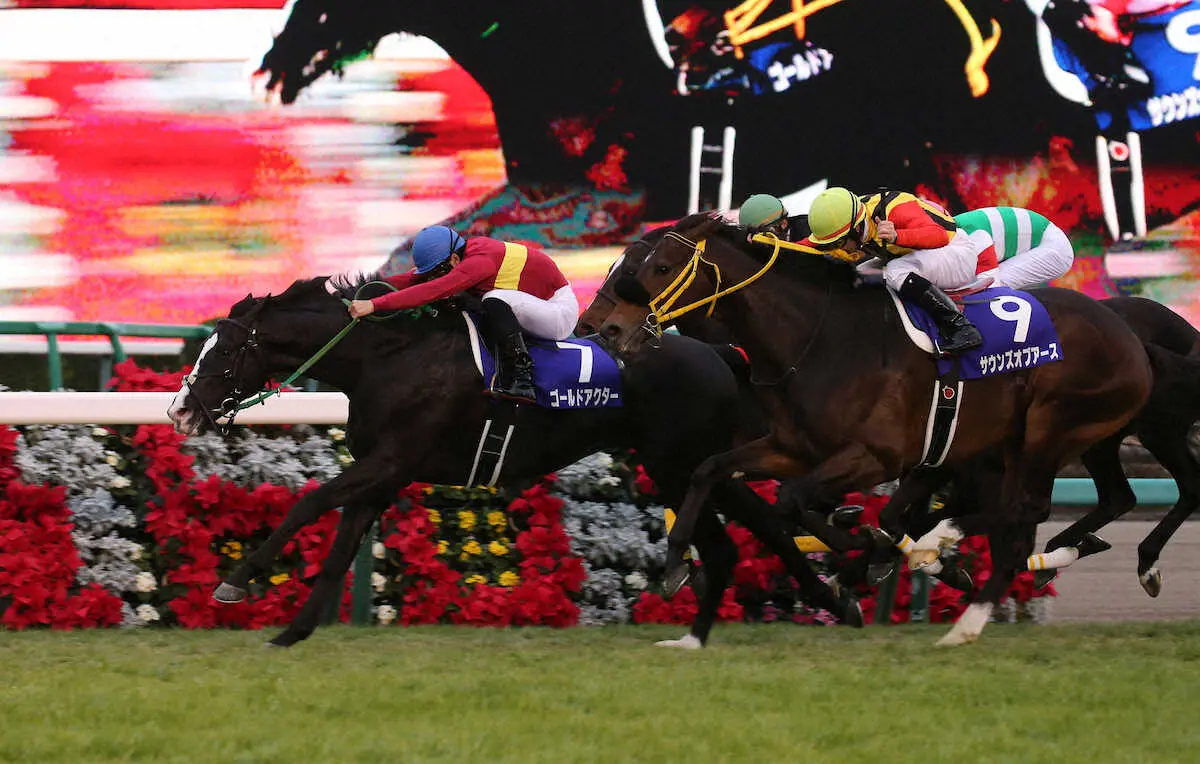 15年有馬記念を制したゴールドアクター（左）と2着のサウンズオブアース（9）