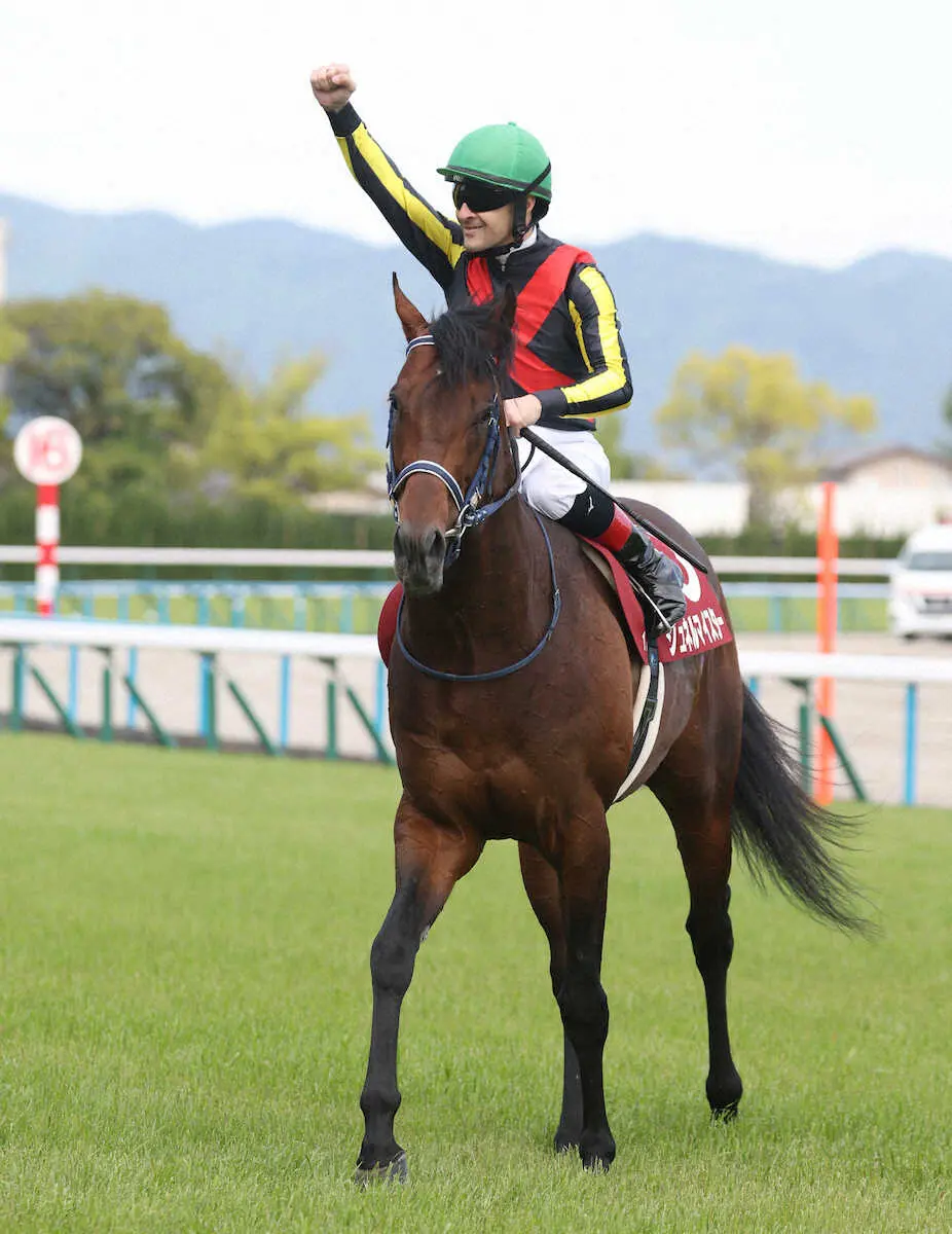 ＜マイラーズC＞ガッツポーズするシュネルマイスター騎乗のルメール（撮影・亀井　直樹）