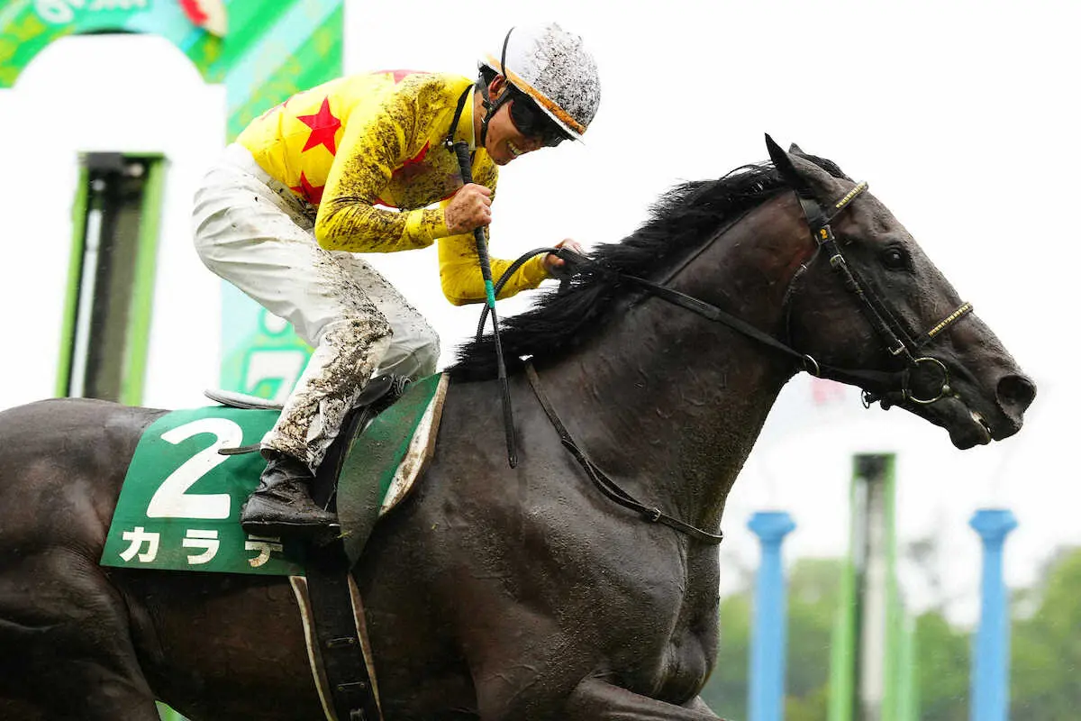 ＜新潟11R・新潟大賞典＞カラテでレースを制した菅原明はガッツポーズ（撮影・河野　光希）