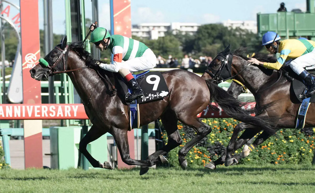 ＜中山10R・2003メモリアル　シンボリクリスエスカップ＞フレーヴァードが勝ち、ルメールは右手を上げる（撮影・郡司　修）