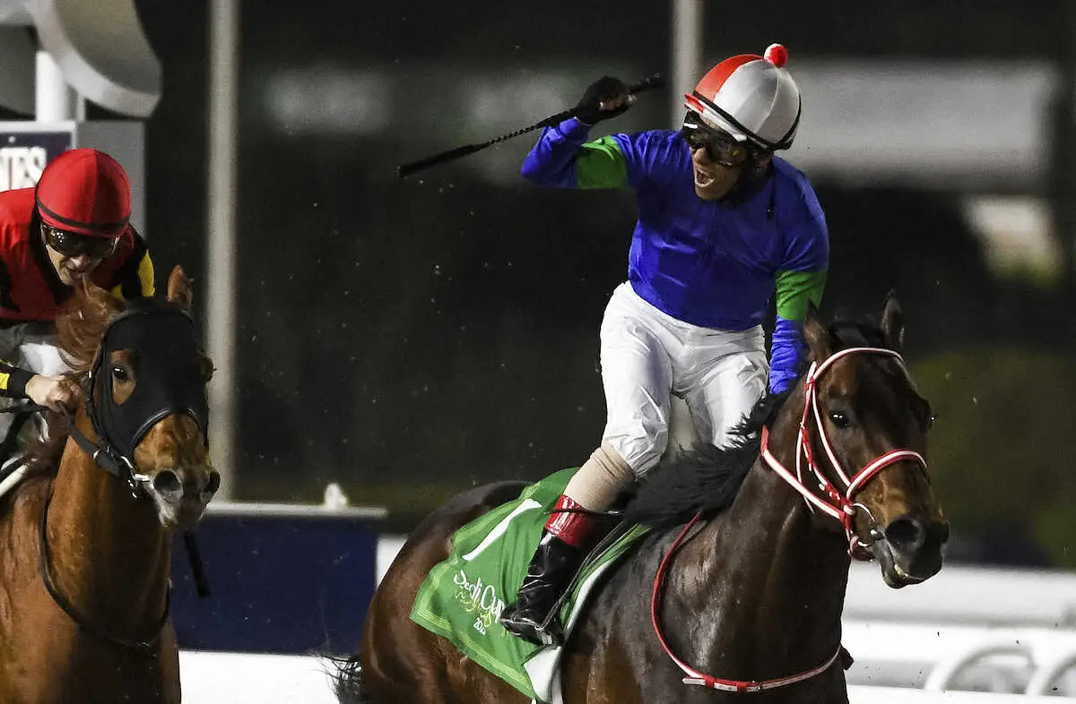 昨年2月のサウジカップを制したパンサラッサ。鞍上の吉田豊はガッツポーズ（AP）