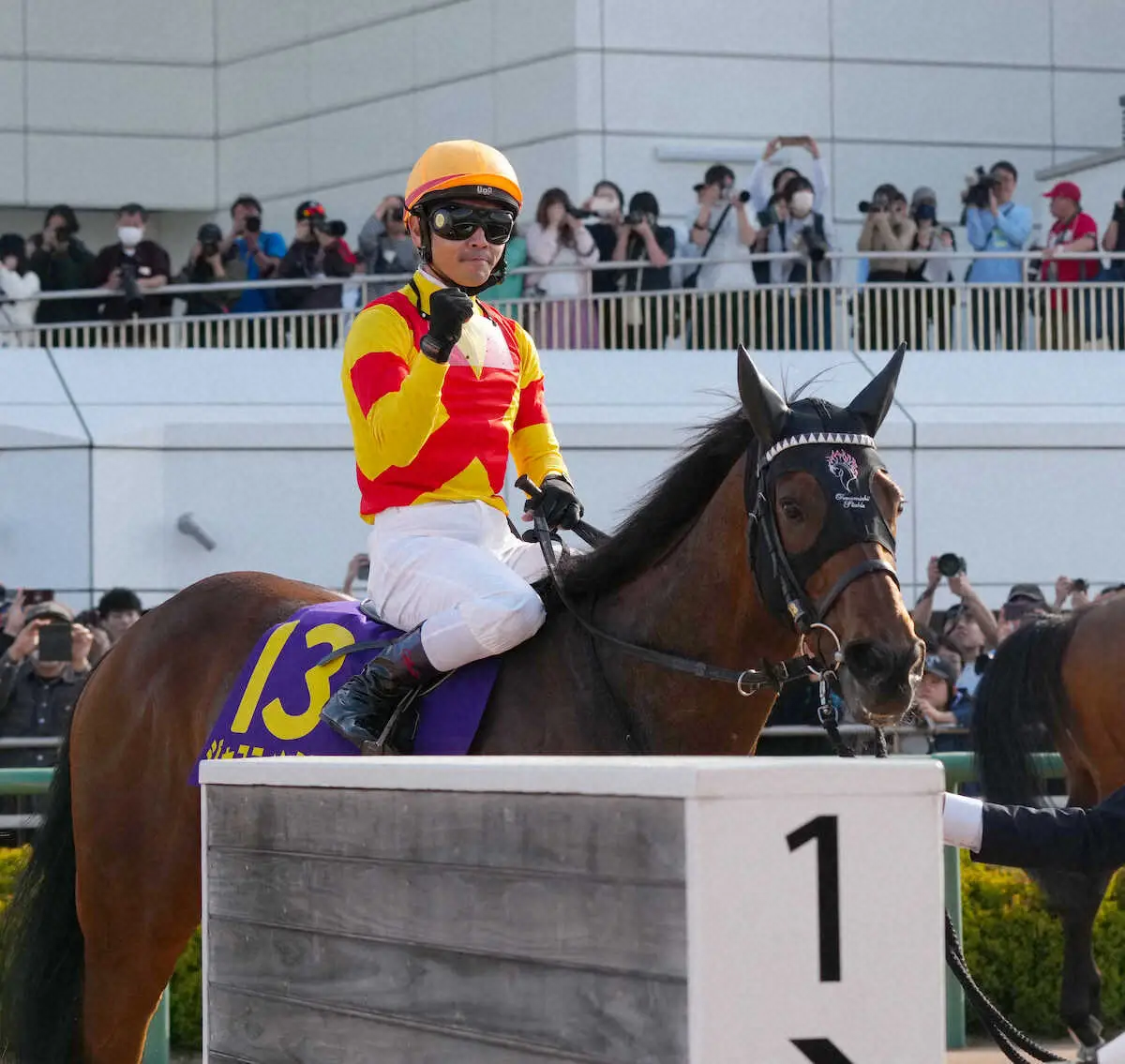 ＜中山11R皐月賞＞レースを制したジャスティンミラノ。鞍上の戸崎はガッツポーズ（撮影・郡司　修）