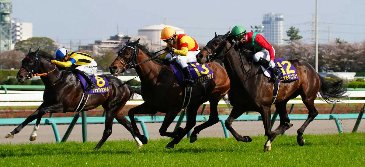 ＜中山11R皐月賞＞レースを制したジャスティンミラノ（中）、2着のコスモキュランダ（右）、3着のジャンタルマンタル（左）（撮影・郡司　修）