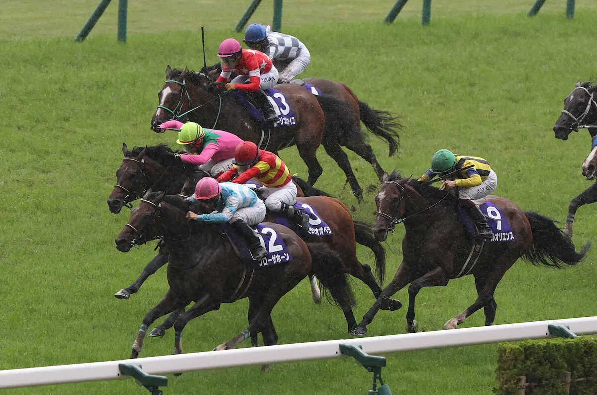 ＜京都11R・宝塚記念＞大外から鮮やかに抜き去るブローザホーン（手前）（撮影・平嶋　理子）