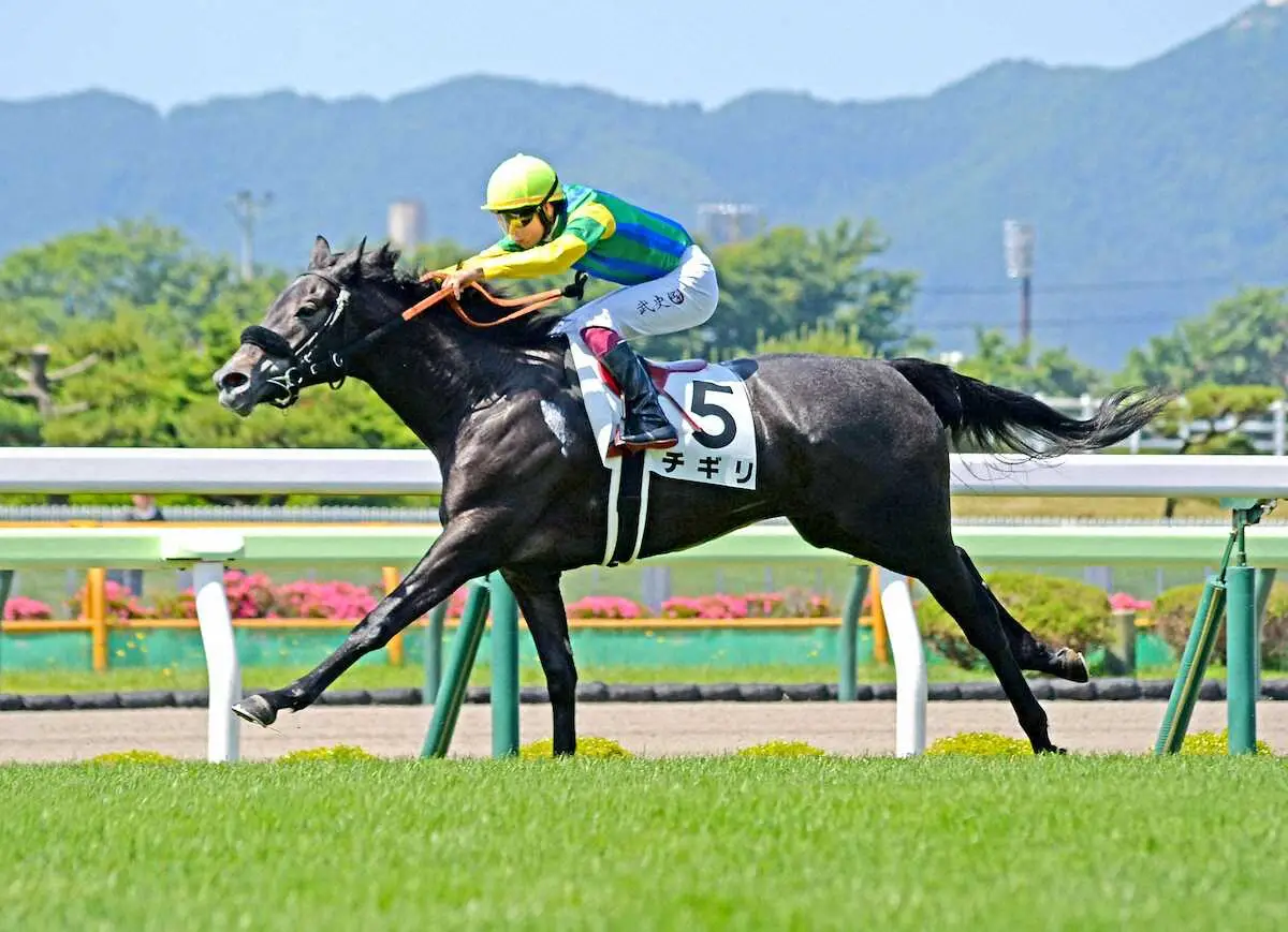 ＜函館1R2歳未勝利＞ゴール前の直線で他馬を引き離しゴールしたチギリと横山武史騎手　（撮影・千葉　茂）