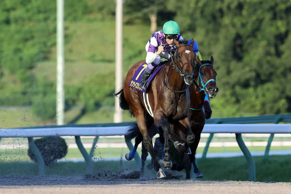 サンライズジパングが不来方賞を制し、武豊はガッツポーズ（岩手県競馬組合提供）