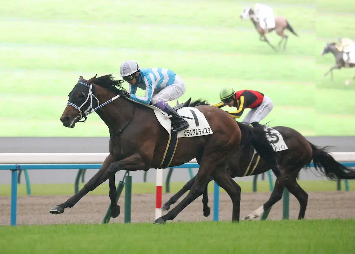 ＜京都6R＞先行抜け出し、勝利するグランアルティスタ（手前）（撮影・平嶋　理子）